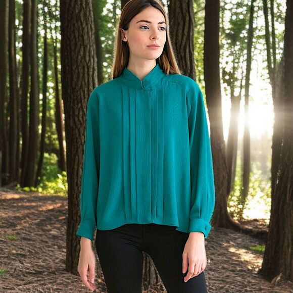 High Neck Pleated Flowy Blouse Sz M 10 Silky Regency Office Siren Corpcore Vtg - Picture 13 of 16